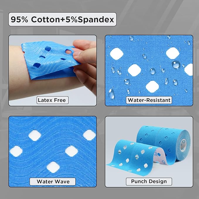 OK TAPE Punch Kinesiology Tape, Punch Hole Athletic Tape for Joints Support & Muscle Pain Relief,2 Rolls Blue,2in x 16.4ft