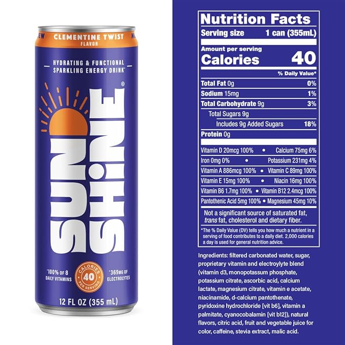 Sunshine Sparkling Energy Drink, Clementine Twist with Daily Essential Vitamins, 360mg of Electrolytes, 70mg of Natural Caffeine, 12 Fl Oz (Pack of 12)