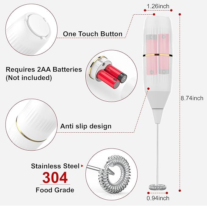 Handheld Milk Frother 14,000 RPM Drink Mixer Wand with Stand & Stirring Spoon Quiet One-Button Operation, Non-Slip Handle, Detachable Whisk Head for Coffee, Lattes, Cappuccinos, Matcha (White)