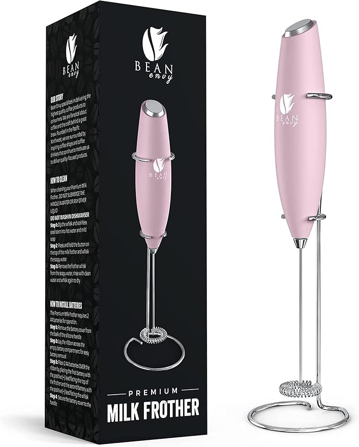 Bean Envy Milk Frother Handheld for Coffee - Electric Hand Blender, Mini Drink Mixer Whisk & Coffee Foamer Wand with Stand for Lattes, Cappuccino, Matcha and Hot Chocolate - Kitchen Gifts - Pink