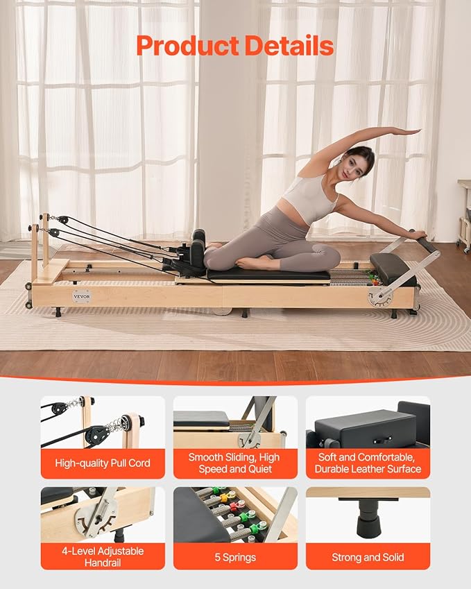 VEVOR Pilates Reformer Machine, Pilates Workout Equipment for Home Gym Studio Use, Pilates Bed with Dual Resistance- Spring & Cord, Reformer Set, Up to 400 LBS