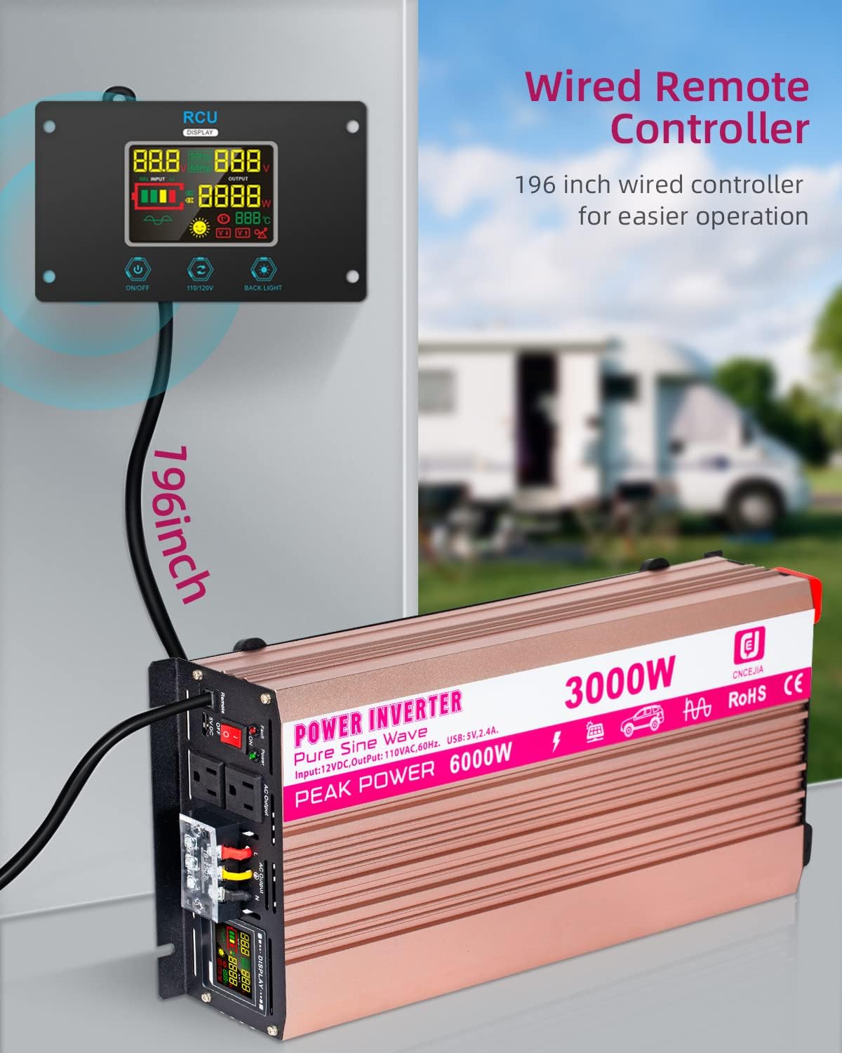 CEJIA Power Inverter 3000W Pure sine Wave ac car Inverter Peak 6000watt 12V DC to 110V 120V AC with led Display,Remote Controller,Dual AC Outlets and 2x2.4A USB Ports for RV,Solar System Emergency