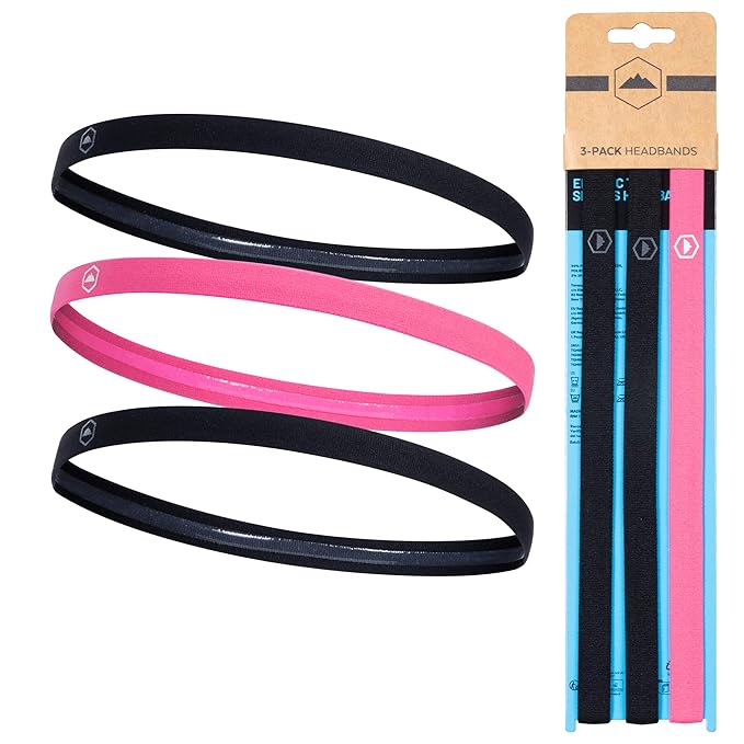 Tough Headwear Athletic Headband Set - Thin Headbands for Women - Elastic Sport Hair Bands Men - Skinny Sports Hairbands - Non Slip Athletic Head Bands for Sports - Black and Pink