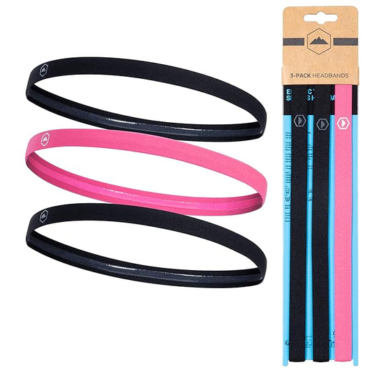Tough Headwear Athletic Headband Set - Thin Headbands for Women - Elastic Sport Hair Bands Men - Skinny Sports Hairbands - Non Slip Athletic Head Bands for Sports - Black and Pink