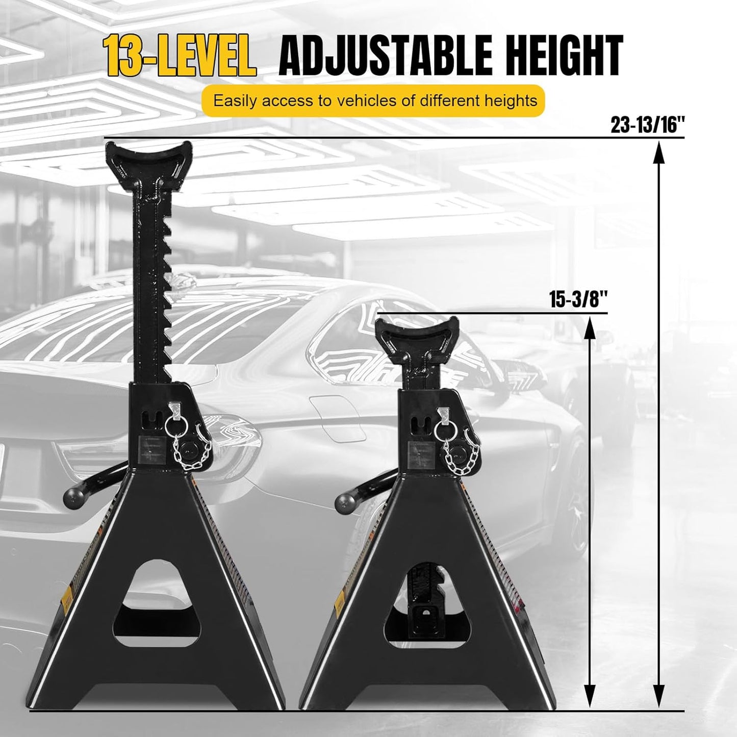 YELLOW JACKET Jack Stands 6 Ton with Double Locking for Lifting Car SUVS, Heavy Duty Steel, 13000 lb Capacity, 1 Pair, Black