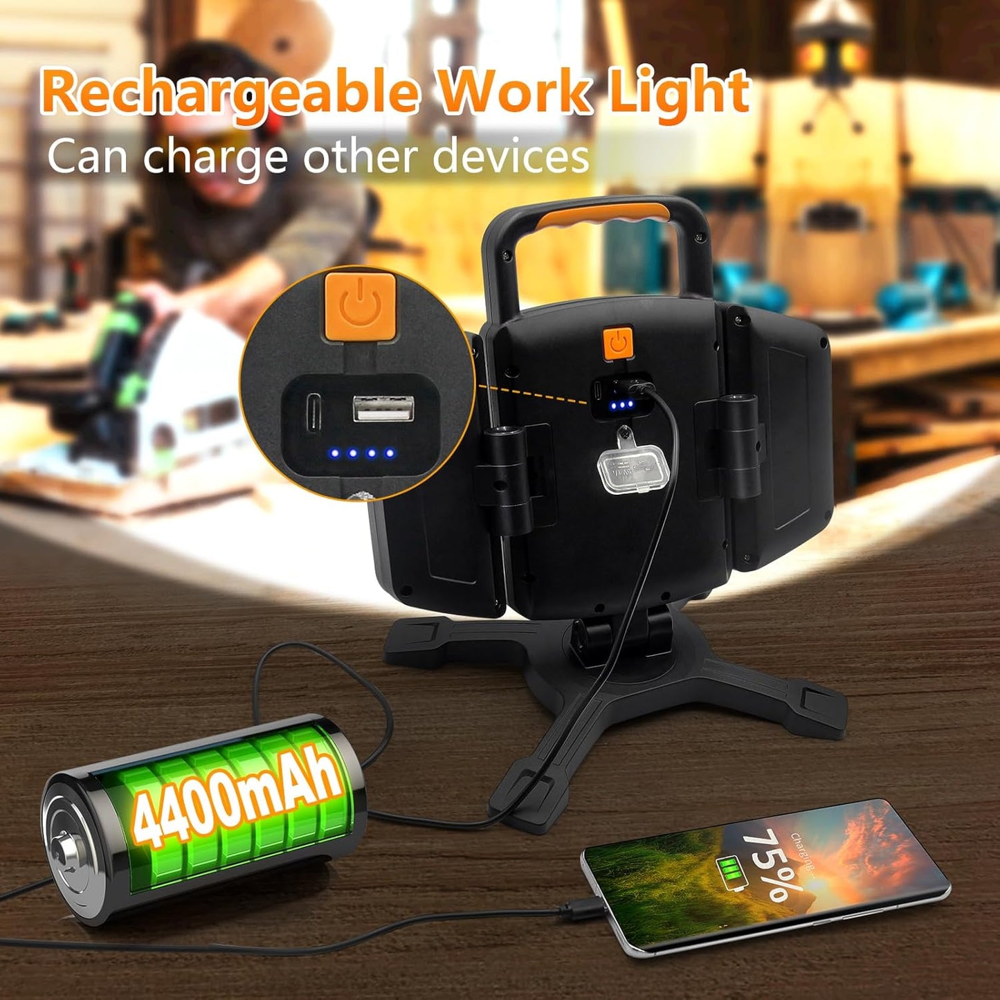 30W Rechargeable Work Light, 3000 Lumen Magnetic Work Light Battery Powered, Waterproof Portable Cordless Job Site Lighting for Construction Site, Workshop, Garage, Camping, and Car Repairing