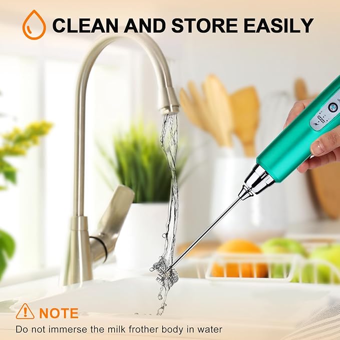 YUSWKO Turquoise Handheld Milk Frother Wand for Coffee, Rechargeable Electric Whisk with 3 Heads 3 Speeds Drink Mixer Coffee Frother For Latte, Cappuccino, Hot Chocolate, Egg