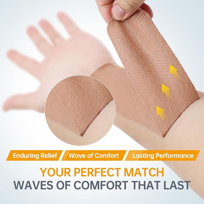 Dimora Uncut Kinesiology Tape, Original Cotton, 16' Elastic Athletic Tape for Muscle Pain Relief and Joint Support, 4 Rolls, Beige