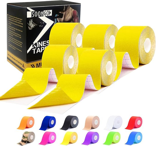 Kinesiology Tape Pro 5 Rolls, 2 Inch High Elasticity Sports Tape Therapeutic Pain Relief–Physio Tape for Muscle Recovery & Joint Support, Waterproof & Hypoallergenic & Breathable–Yellow