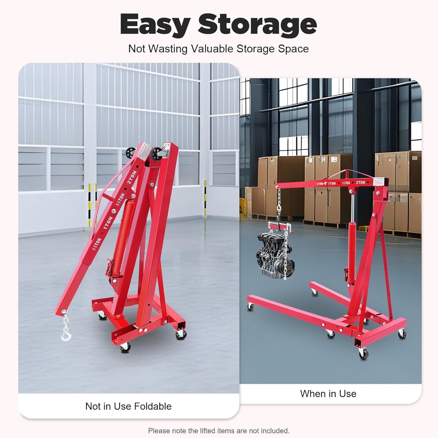 Folding Engine Crane 2 Ton Folding Engine Hoist with Engine Leveler 4400lbs Hydraulic Crane with 6 Iron Caster Wheels for Garage, Workshop (Red)