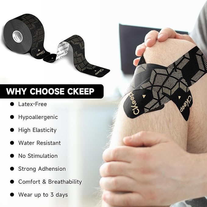 CKeep 4 Rolls Kinesiology Tape, Original Cotton Elastic Athletic Tape, 20 CT 10" Precut Strips Each, Waterproof Tape for Muscle Strain Relief and Joint Support, Black
