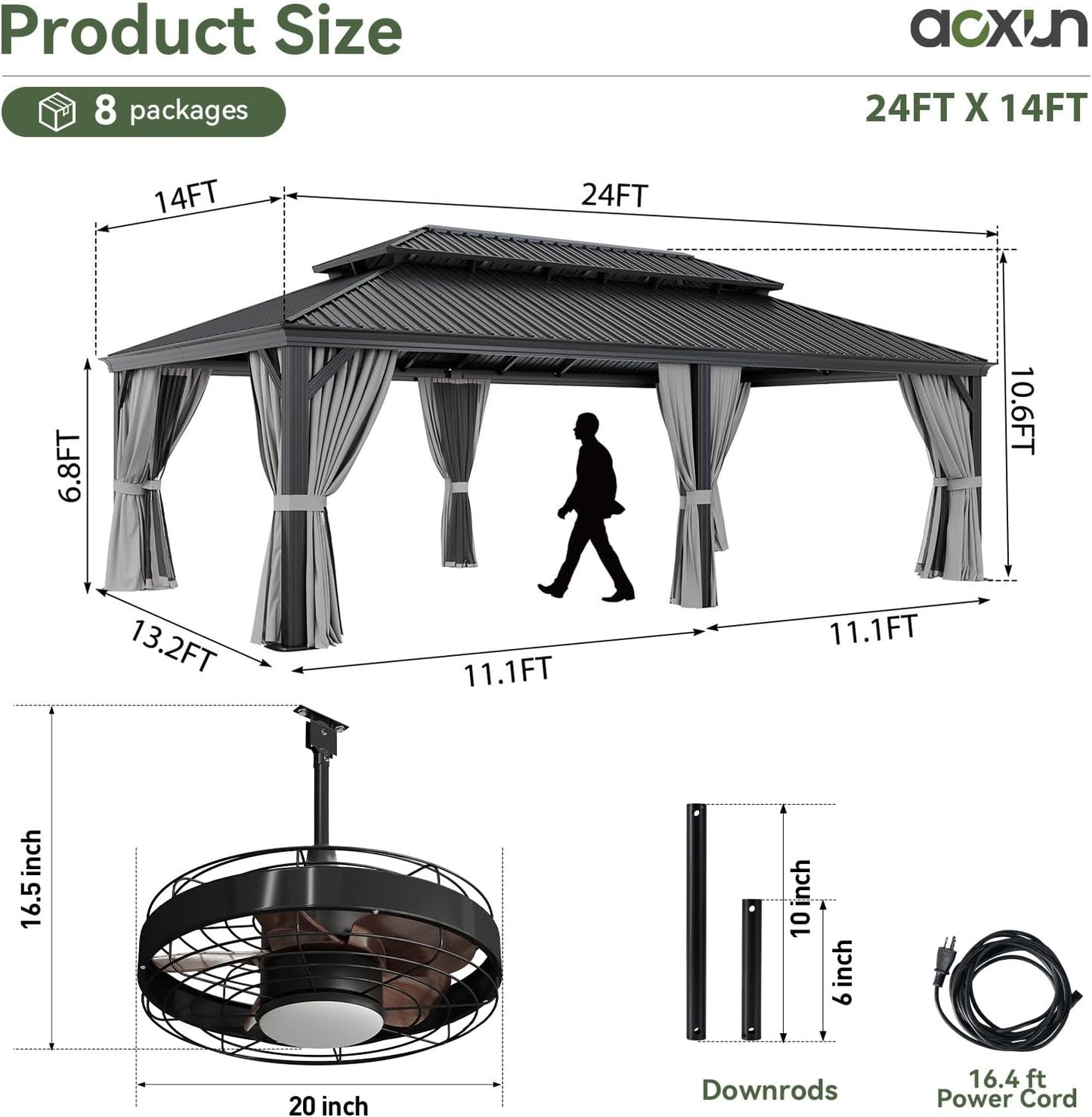 Aoxun 14' X 24' Hardtop Gazebo with Drainage System, Aluminum Outdoor Gazebo with Galvanized Steel Double Roof, Patio Permanent Metal Pavilion with 20 inch Ceiling Fan, for Garden, Deck, Grey