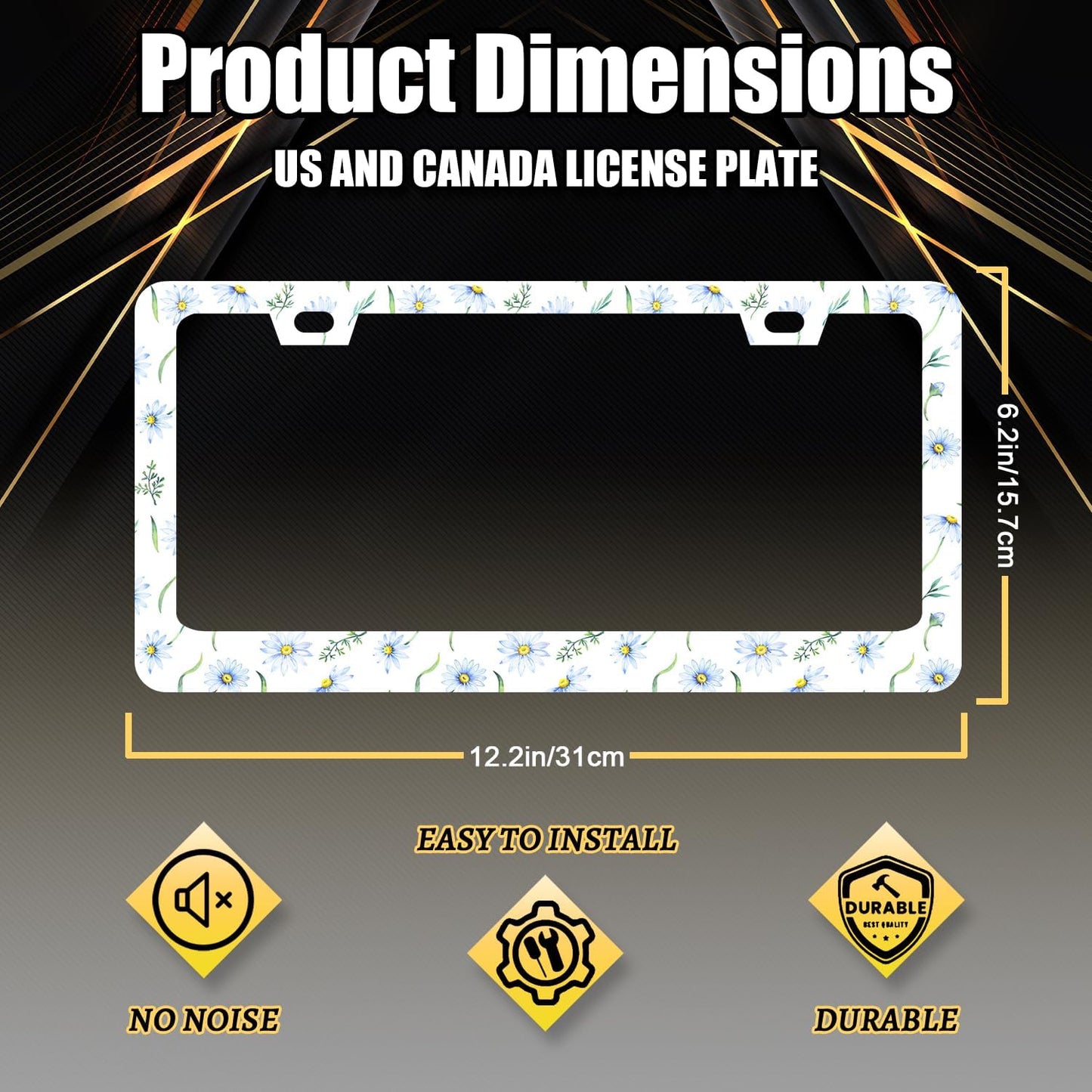 Cute Blue Daisy Flowers License Plate Frame Colorful Floral License Plate Holder Stainless Steel Colorful Car Accessories Decoration 6.3"X12.3" with 2 Holes Screws