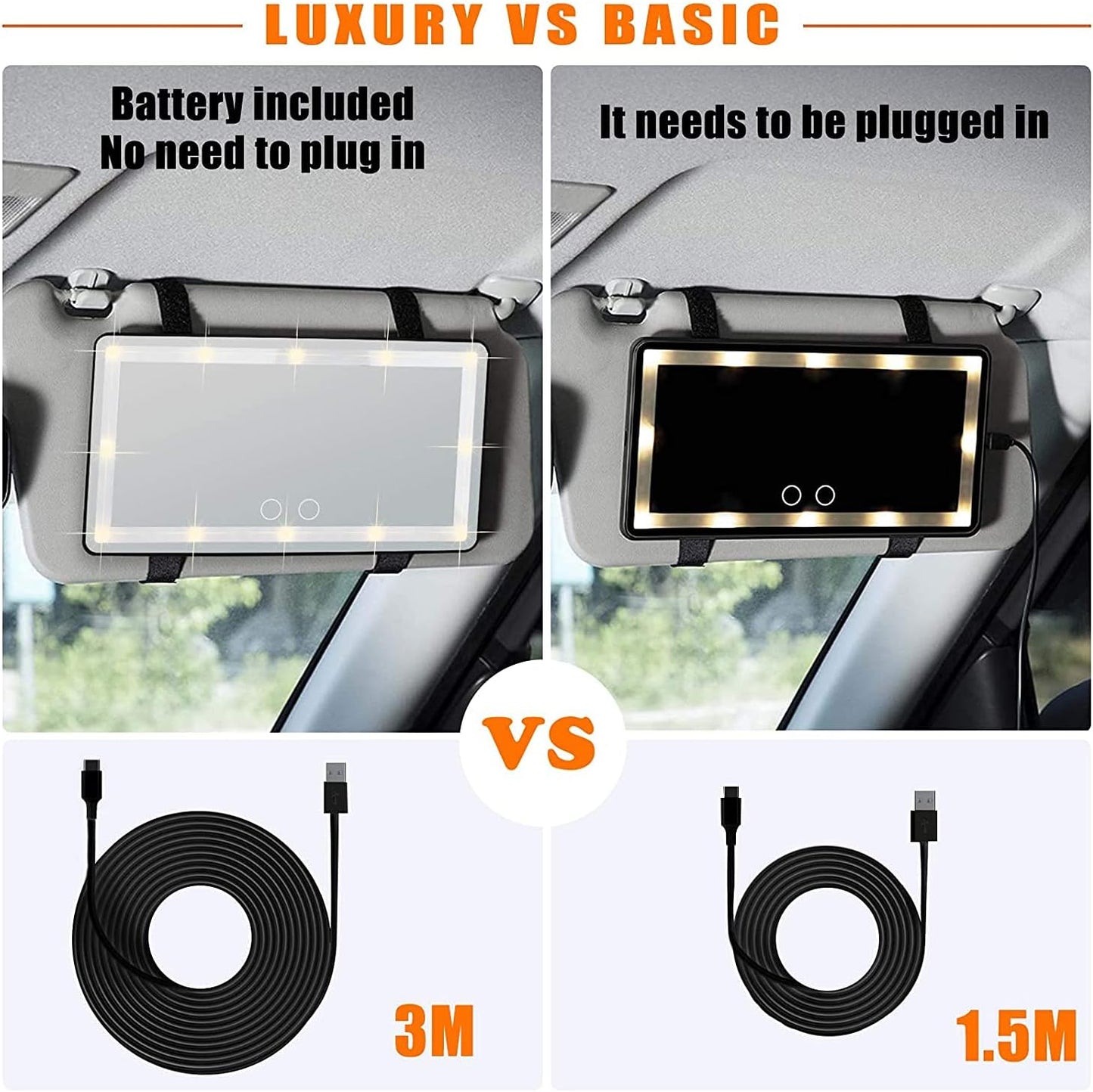 Car Sun Visor Vanity Mirror, Makeup Mirror with 3 Light Modes & 60 LEDs Rechargeable Led Light Car Mirror with Dimmable Touch Screen, Rear View Sun-Shading Travel Cosmetic (Black, 1 Pack)