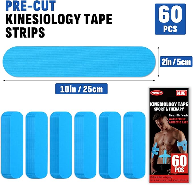60PCS Precut Kinesiology Tape Strips, 2 inch x 10 inch Athletic Tape, Kinetic Tape, Elastic Muscle Tape, Sports Tape, Knee Tape for Exercise and Daily Use - Light Blue
