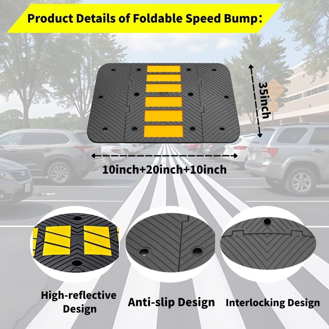 Speed Bumps for Driveway 35"x20"x2" Flexible Installation Connect Multiple Units for Any Road Width Asphalt Concrete Gravel Driveway (Middle Part 1 Pack)