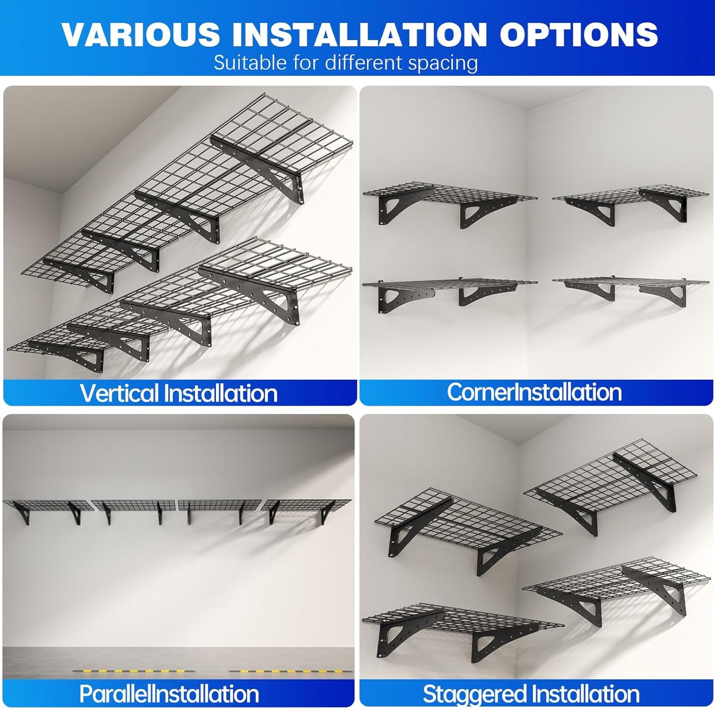 4-Pack Garage Wall Shelving, 2x4ft Walls Shelf Storage Rack, Sturdy Walls Shelves for 1200LBS, Black, Heavy Duty Shelving Wall Mounted for Garage, Kitchens, Storeroom, Basement, 47.2" x 23.6"