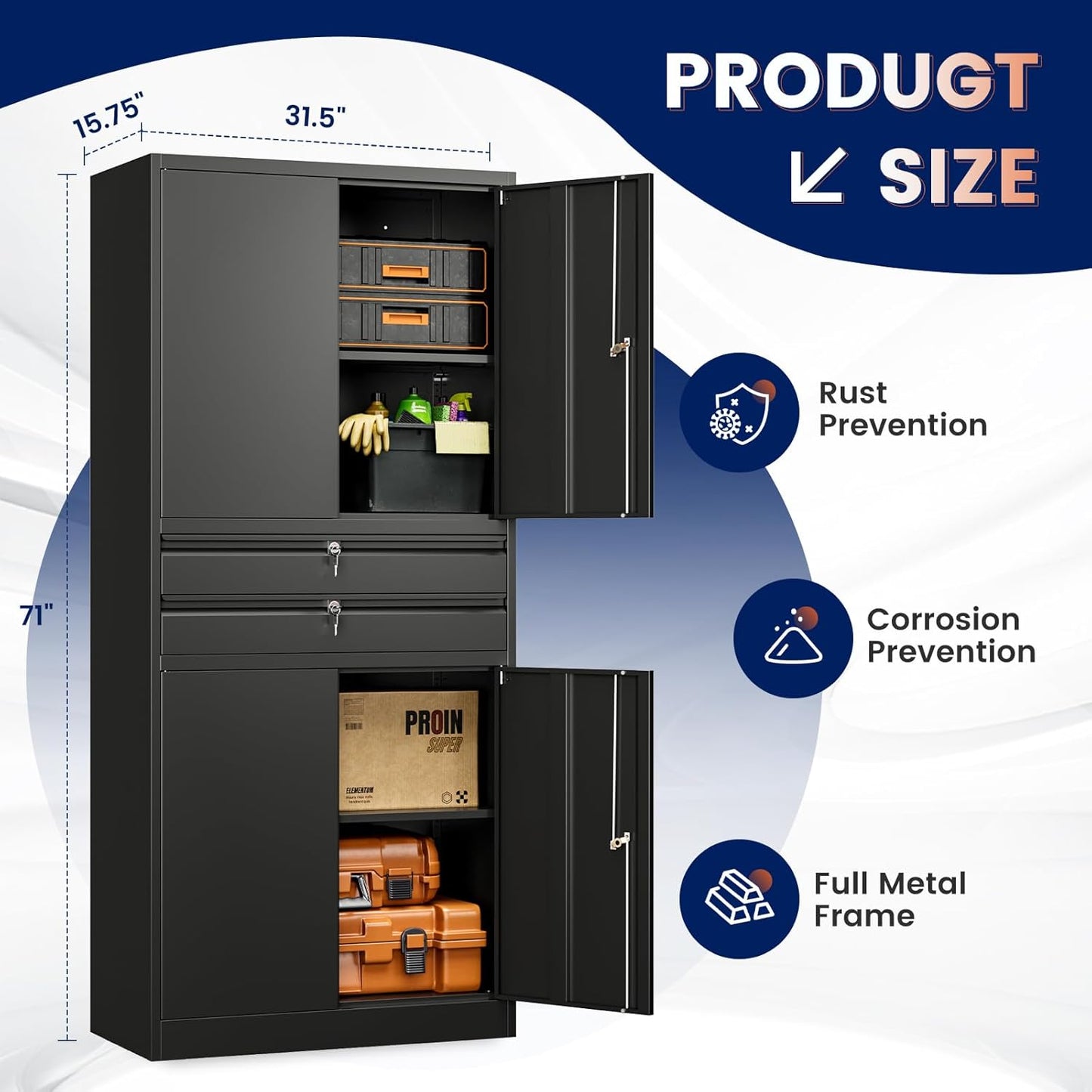 Yizosh Metal Garage Storage Cabinet with Locking Doors and Adjustable Shelves, 71" Tool Storage Cabinet with 2 Drawer for Garage,Warehouse