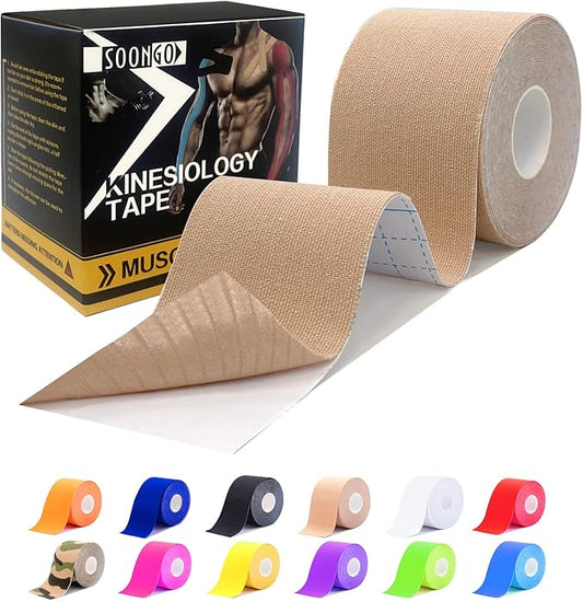 Kinesiology Tape Pro 1/2 /5 Rolls, 2 Inch High Elasticity Sports Tape Therapeutic Pain Relief–Physio Tape for Muscle Recovery & Joint Support, Waterproof & Hypoallergenic & Breathable–Beige