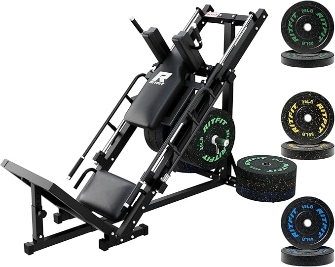 RitFit Adjustable Leg Press and Hack Squat Machine with Weight Plate Set, Professional Home Gym Equipment with Linear Bearings, Specialized for Complete Lower Body Workouts and Weight Storage Posts