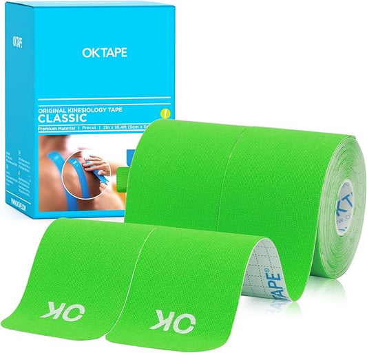 OK TAPE Kinesiology Tape 10 inches Precut, 20 Strips, Cotton Elastic Athletic Tape Latex Free, 2inch x 16ft, 2 Rolls Lime