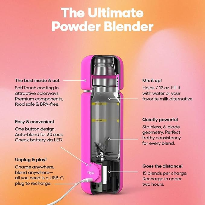 Vejo Personal Blender Powder-Powered Blending System | No Shaking | No Clumps | No Prep | Easy One-Button Design | USB Rechargeable Blender | Orange