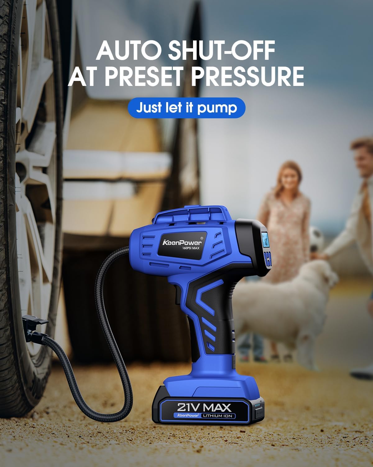 Smart Cordless Tire Inflator Portable Air Compressor Rechargeable 21V Battery Powered 160PSI Handheld Air Pump w/4+N Smart Modes & Dual Power & Digital Pressure Gauge for Cars Motorcycles