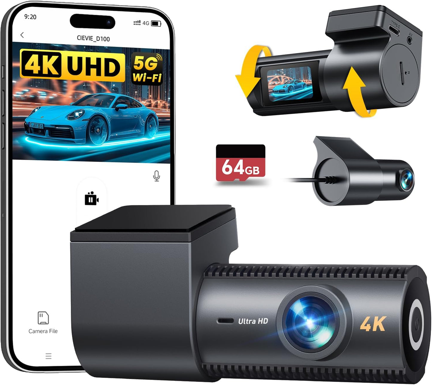 4K Dash Cam Front and Rear, 64GB SD Card, 1.5” IPS Display Car Camera, 5Ghz WiFi+App Control, Night Vision, 24H Parking Mode, G-Sensor, WDR, 170° Wide Angle, 4K+1080P Dual Dash Camera for Cars