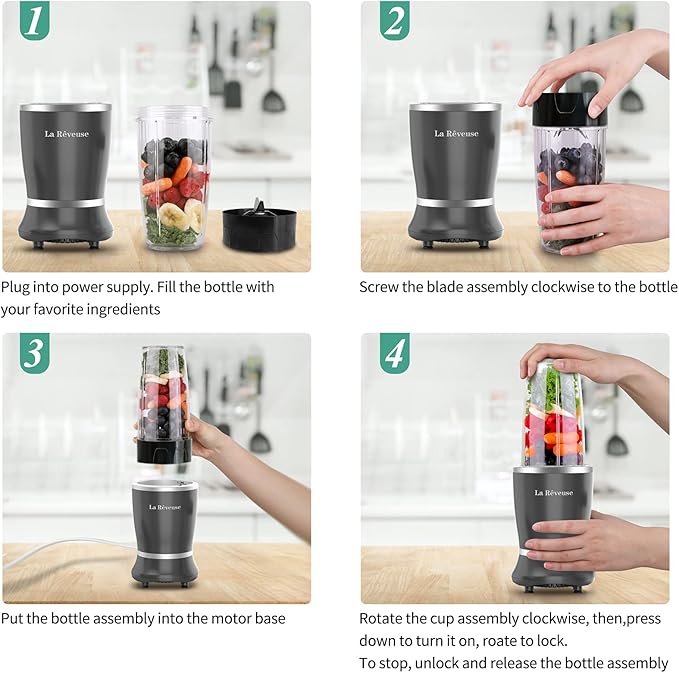 La Reveuse Personal Size Blender 250 Watts Power for Shakes Smoothies Seasonings Sauces with 1 Piece 15 oz Cup,1 Piece 10 oz Mug,BPA-Free (Black)