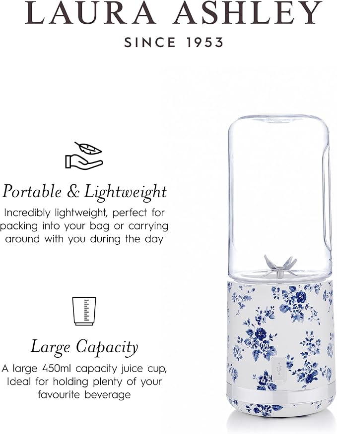 Laura Ashley Portable Blender by VQ - Compact, Powerful & Easy to Use USB Rechargeable Mini Blender for Smoothies and Shakes With 450 mL Bottle - for Kitchen/Gym/Travel