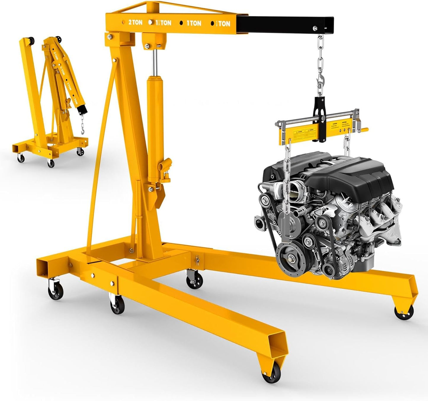 2-Ton Engine Hoist Cherry Picker with Engine Leveler, 4400 Lbs Folding Hydraulic Workshop Crane Lift with 6 Swivel Wheels and Telescopic Boom, Heavy-Duty Crane for Garage, Automotive Repair (Yellow)