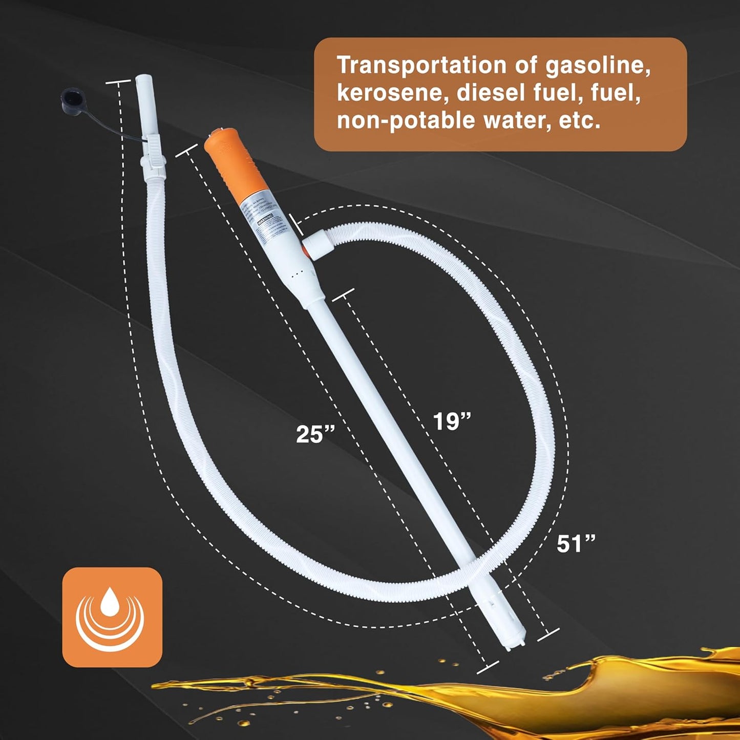 Battery Powered Stick Fuel Transfer Pump, 3.2 GPM, 51 Inch Transfer Length, Self-Hooking, For Transferring Gasoline, Kerosene, Diesel, and Non-Potable Water, Battery Powered Sump Pumps