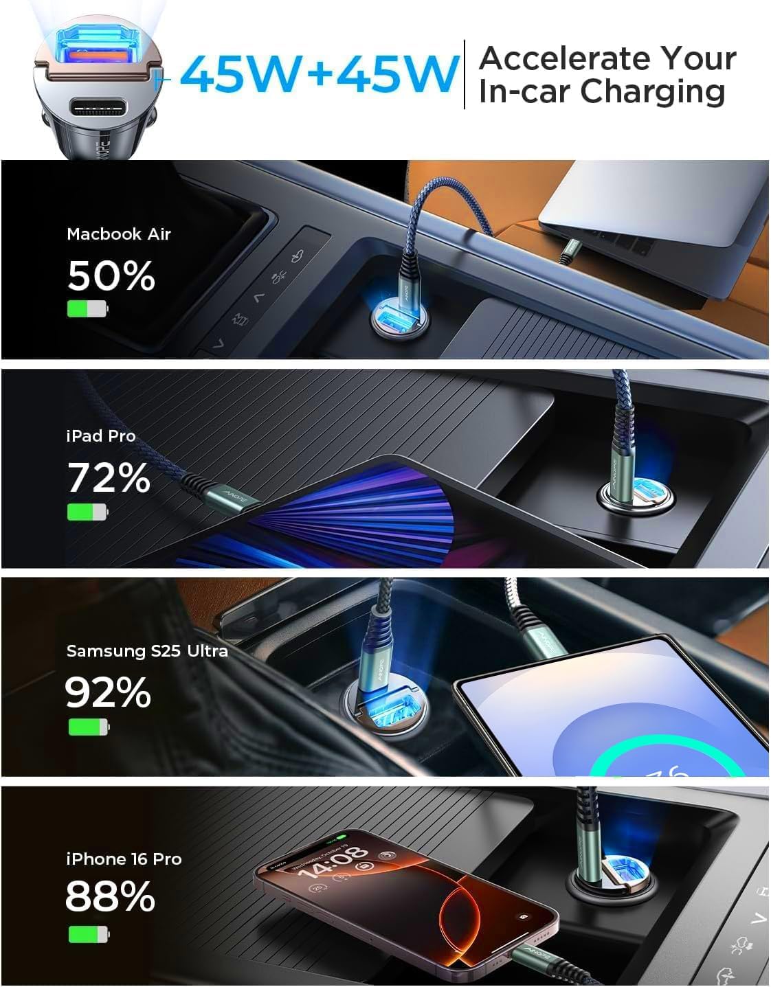 AINOPE 90W Super Fast Car Charger USB C,Invisible Cigarette Lighter Adapter，[Mini&Metal] Type C Car Charger Fast Charging Fit Samsung Galaxy S25 S24 Ultra Plus,iPhone 16 15 14 13 12 Pro Max Plus,Black