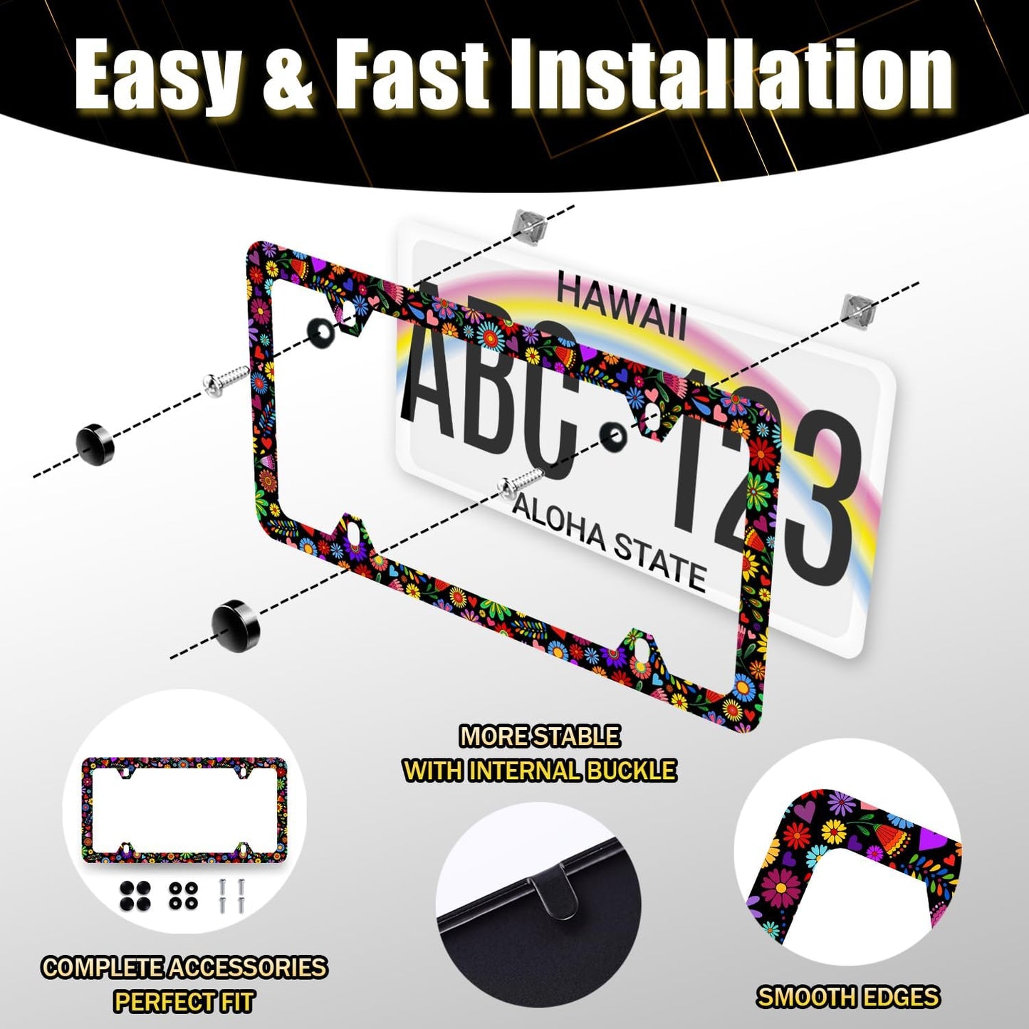 Abstract Flowers License Plate Frame Bright Colorful Art Floral License Plate Stainless Steel Flowers Car Accessory Funny License Plate Decoration Women Size 12.2" x 6.2" with Screws