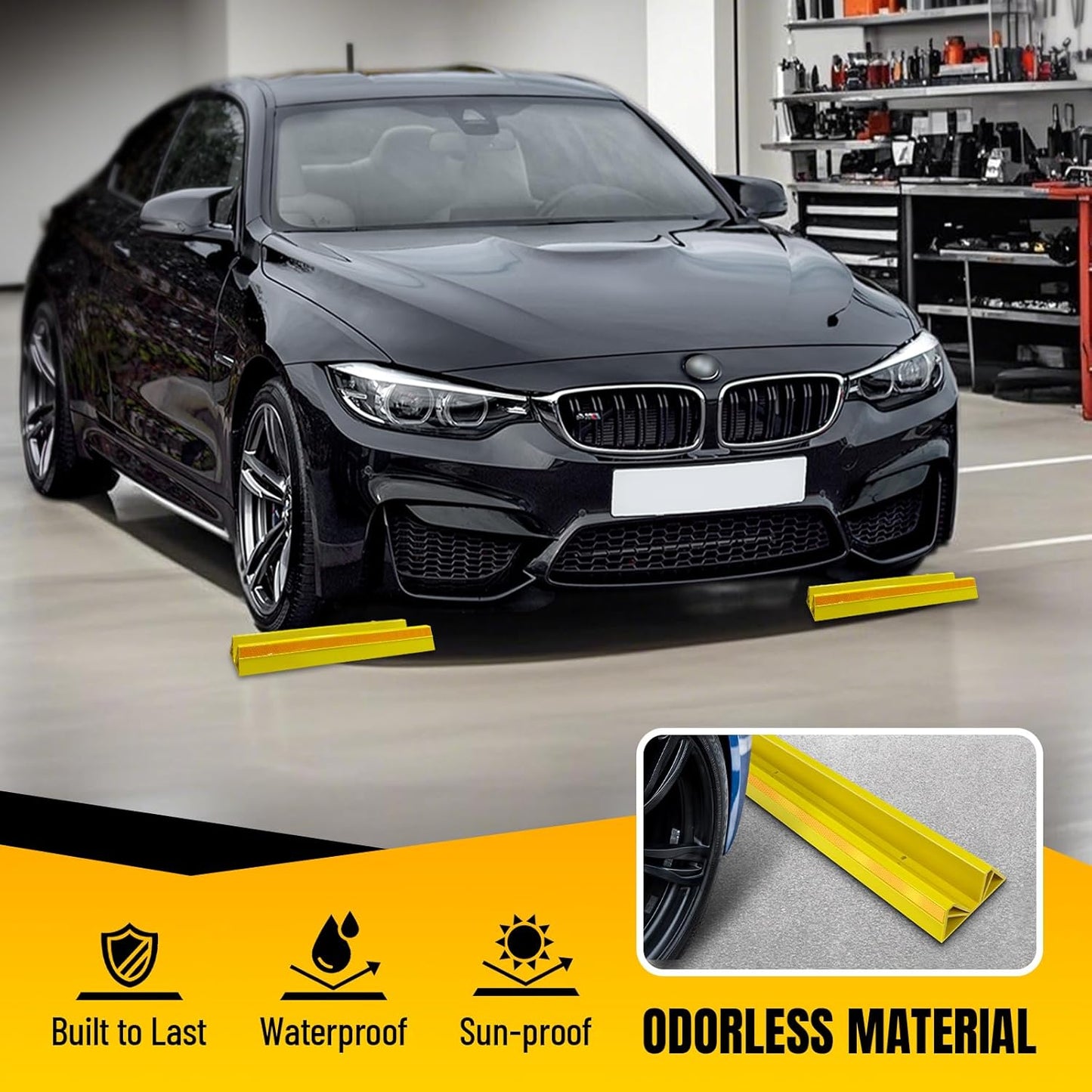 2 Pcs 18'' Parking Car Wheel Stopper for Garage with 2 Installation Methods, Heavy Duty Tire Stops with Reflective Tapes, Car Parking Aids for Garage, Yellow