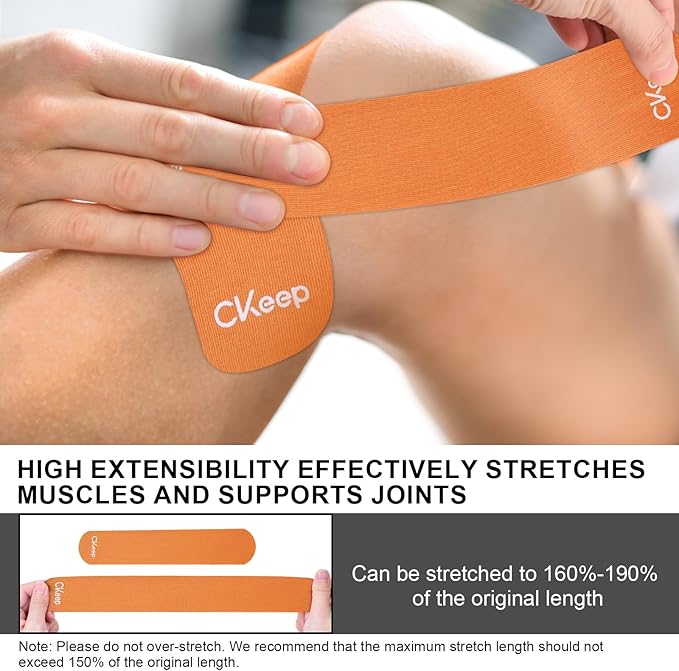 CKeep Kinesiology Tape, 2 Rolls Cotton Latex Free Hypoallergenic Elastic Precut Strips, 2 Inch Wide Waterproof Athletic Tape for Knees Pain Injuries Sprains, Orange
