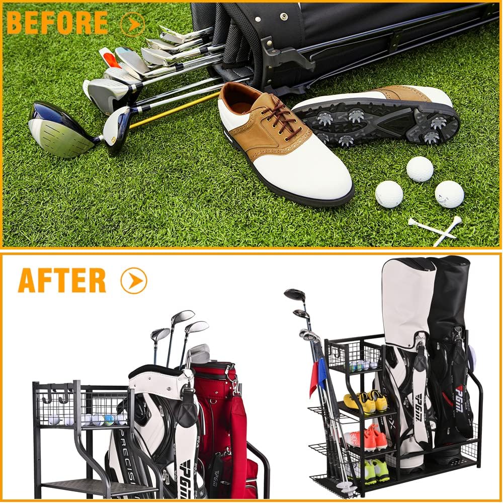 SNAIL Golf Bag Garage Storage Organizer Extra Large Size Golf Bag Rack Stand Holder Fits 2 Golf Bags and Other Golfing Equipment Accessories, Metal Black Golf Club Storage for Garage Shed and Basement