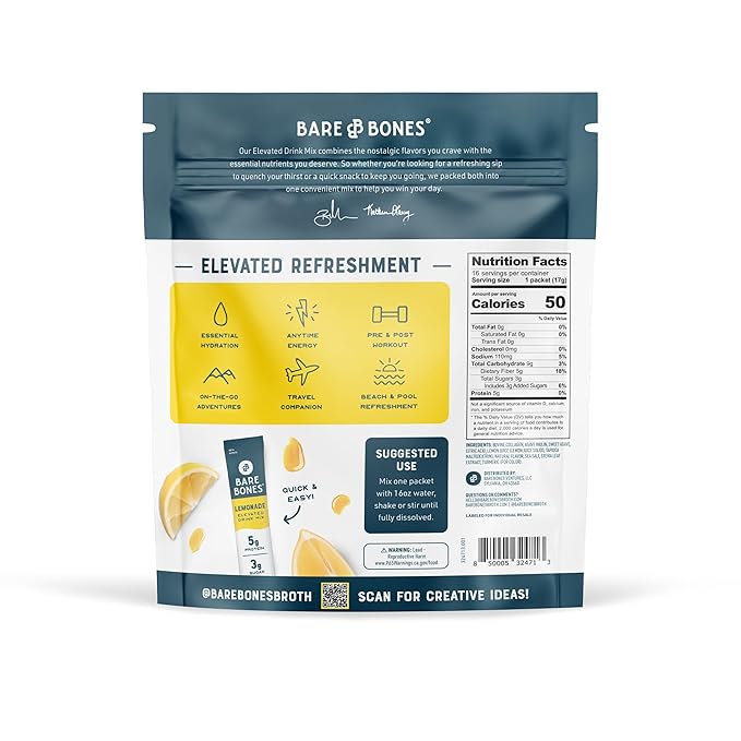 Bare Bones Lemonade Elevated Drink Mix | Light & Flavorful | Gluten-Free & Naturally Sweetened | On-the-Go Stick Single-Serve Packs Powdered Refreshment | 5g Protein | 16 Packets (.60 oz)