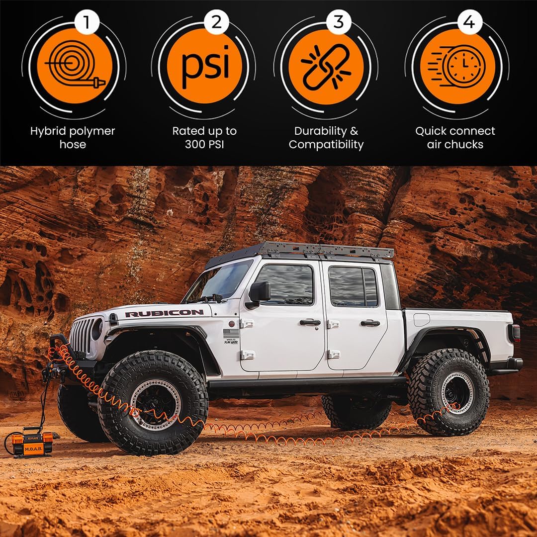 EZ FLATE 4 Tire Hose System | Heavy Duty | Truck or Car Tires | UTV Side By Side Tires | Fast Inflation | 4 Tires at Once | Auto Equalize | Quick Connest Air Chucks (Recoil Hose System)