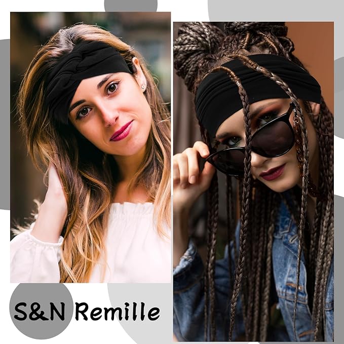 S&N Remille Wide Headbands for Women, Large Hairband, Elastic Non-Slip Headband Twist Knotted Accessories, Yoga Workout Vintage Hair 3 Pack (Colour-5)