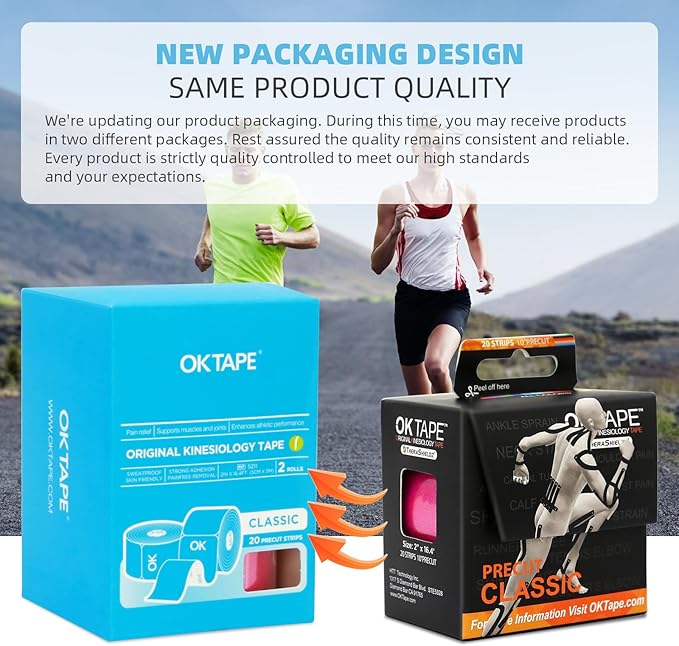 OK TAPE Kinesiology Tape 10 inches Precut, 20 Strips, Cotton Elastic Athletic Tape Latex Free, 2inch x 16ft, 2 Rolls Beige and Black