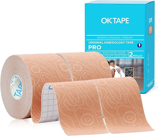 OK TAPE PRO Kinesiology Tape Uncut Roll, Elastic Physical Therapy Athletic Tape for Pain Relief, Muscle Support, Kinetic Tape, Water Resistant, 2in X 16.4ft -Beige 2 Rolls