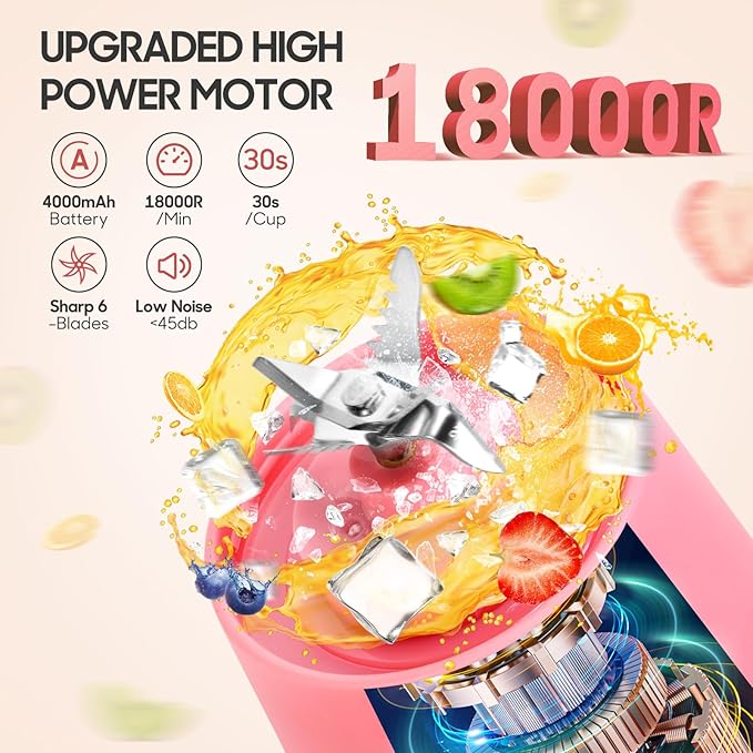 Spardar Portable Blender for Shakes and Smoothies, 4000mAh Personal Blender with 6 Blades, USB Rechargeable Blender Bottles Electric, Mini Blender Cup Portable Juicer for Home Sports Outdoors