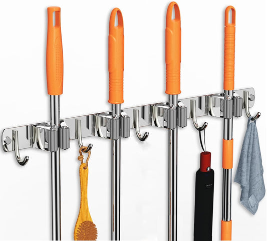 Mop and Broom Holder Wall Mount, Upgraded Broom Organizer Wall Mount, Stainless Steel Broom Hanger Wall Mount for Home Kitchen Garden Laundry Garage (4 Racks with 5 Hooks Silver)