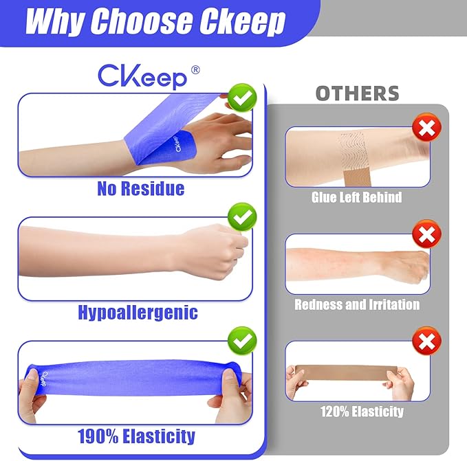 CKeep 4 Rolls Kinesiology Tape, Original Cotton Elastic Athletic Tape, 20 Precut 10" Strips Each, Blue, Ideal for Muscle Support & Injury Prevention
