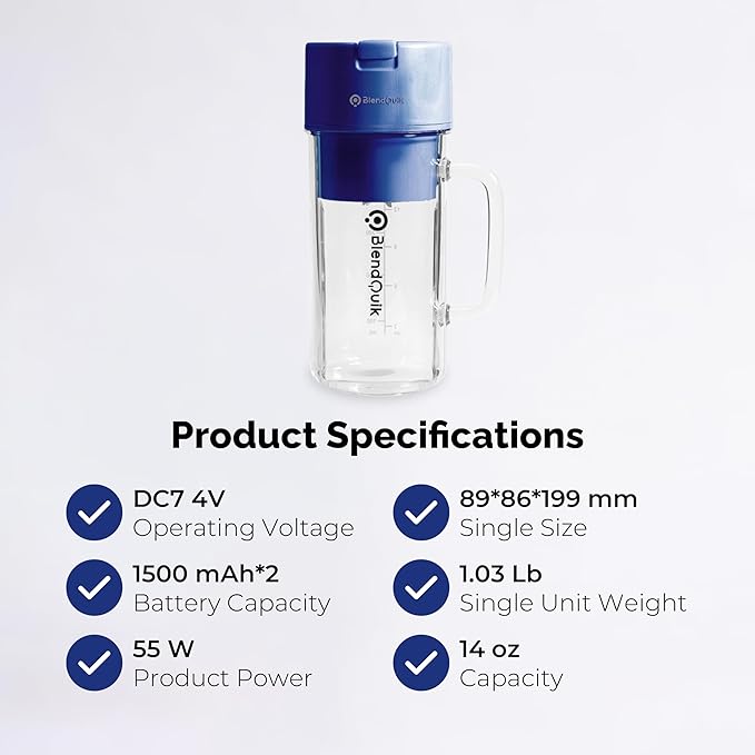Personal Portable Blender For Shakes & Smoothies, Leakproof & Stylish Portable Mason Jar Shaker, Rechargeable Mini Blender with 10-Blade Blending System 14oz, Dark Blue
