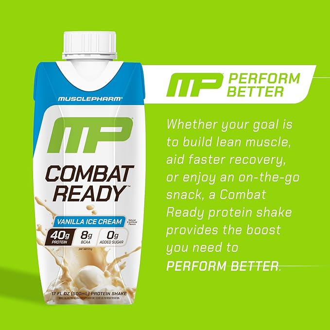 MusclePharm Combat Ready High Protein Shakes Ready to Drink, 40g Protein, 8g BCAAs, 8.7g Glutamine, 5g Fiber, No Added Sugar, Gluten Free, Vanilla Ice Cream, 17 Fl Oz (Pack of 12)