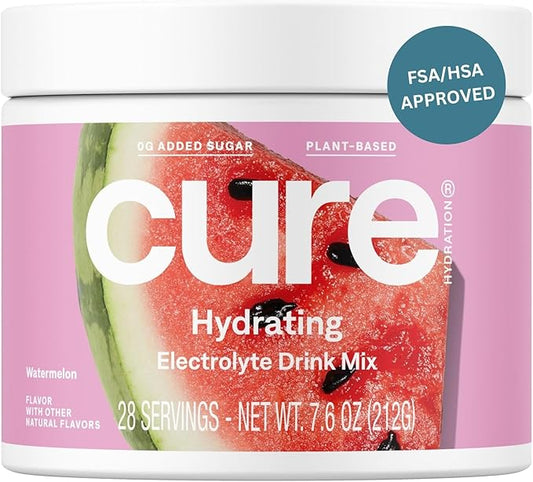 Cure Hydration | Plant-Based Electrolyte Drink Mix | No Added Sugar | FSA-HSA | Dehydration Relief Powder Made with Coconut Water | Non-GMO | Vegan | 28 Servings Jar - Watermelon