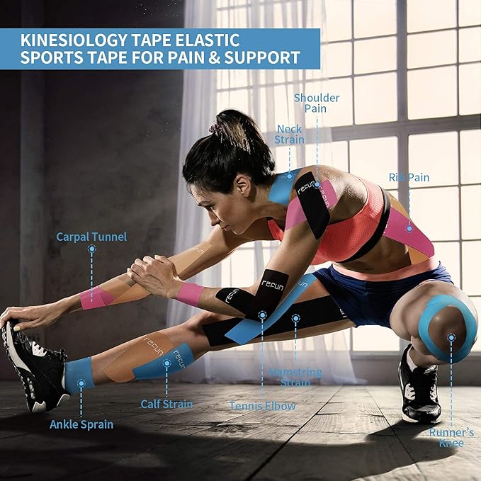 REFUN Kinesiology Tape Precut (4 Rolls Pack), Elastic Therapeutic Sports Tape for Knee Shoulder and Elbow, Pain Relief, Waterproof, Latex Free, 2" x 16.5 feet Per Roll, 20 Precut 10 Inch Strips Black