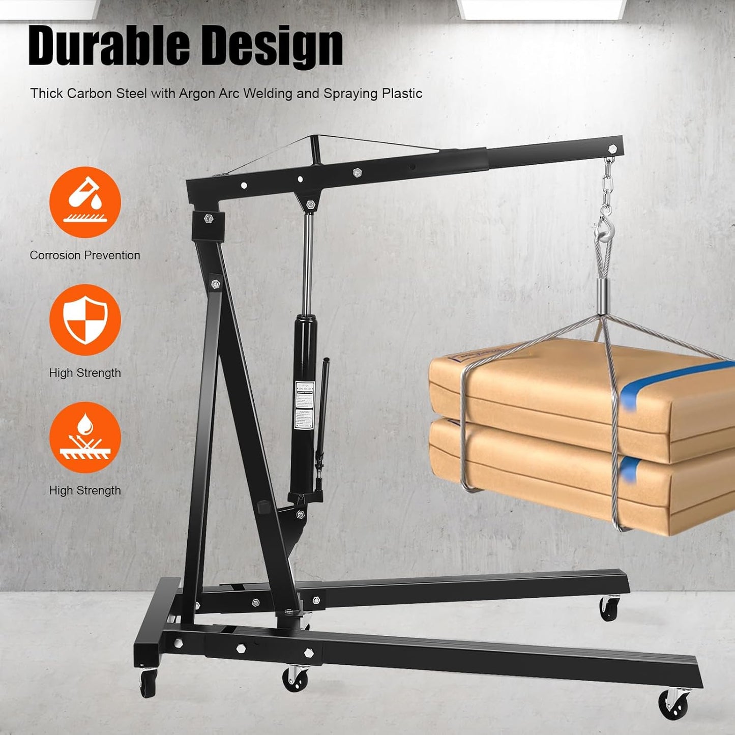 LOYALHEARTDY 2 Ton Hydraulic Engine Hoist, Folding Engine Lift with 6 Wheels, Heavy Duty Steel Shop Engine Crane, Cherry Picker Engine Hoist for Garage, Workshop, 4400 LBS (Black, 2 Ton)